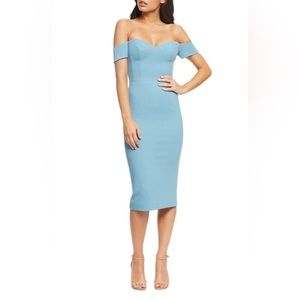 DRESS THE POPULATION Bailey Off the Shoulder Body-Con Blue Dress Size S